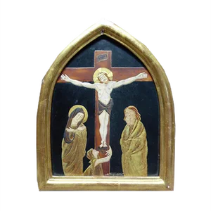 Antique Enamelled Religious Print on Copper Depicting Crucifixion