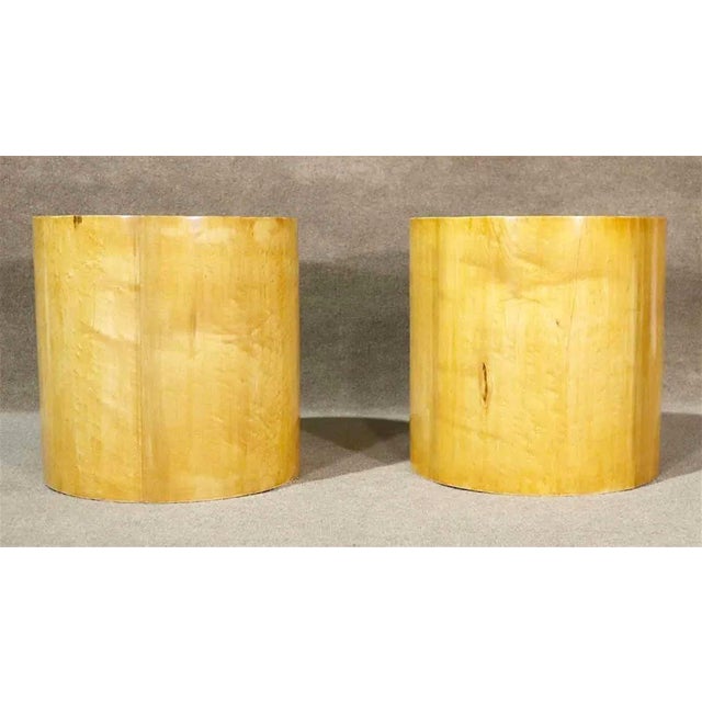 Mid-century modern pedestal tables in the style of Milo Baughman. Great as sofa side tables or plant pedestals.