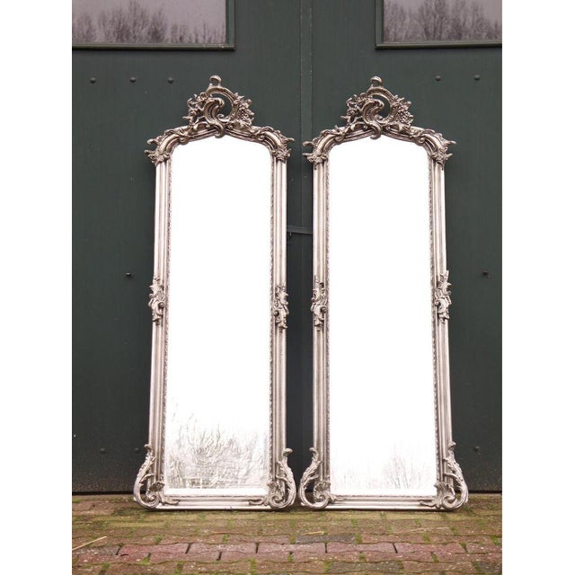 Late 20c Rococo Silver Finish Floor Mirrors – 2 Pc For Sale - Image 14 of 14