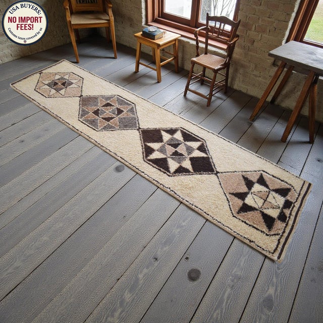 Cream Hand-Knotted Kurdish Runner Rug . Boucherouite Style Wide Runner Rug Herki - No Dyes - 3′3″ × 12′8″ For Sale - Image 8 of 13