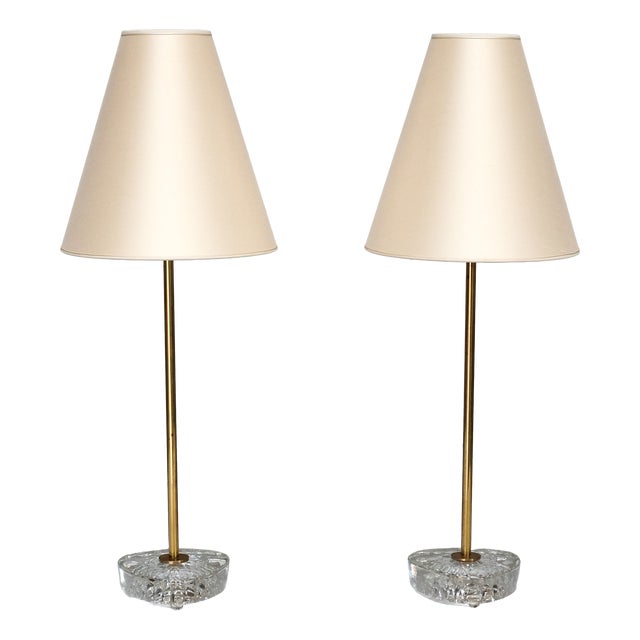 Swedish Modern EAE Table Lamps, Brass, Glass and Pierre Frey Silk, 1950s, Set of 2 For Sale
