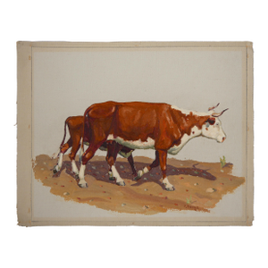 Fred Darge "Cow and Calf" Brown and White Abstract Impressionist Painting of Cows, Mid-20th Century