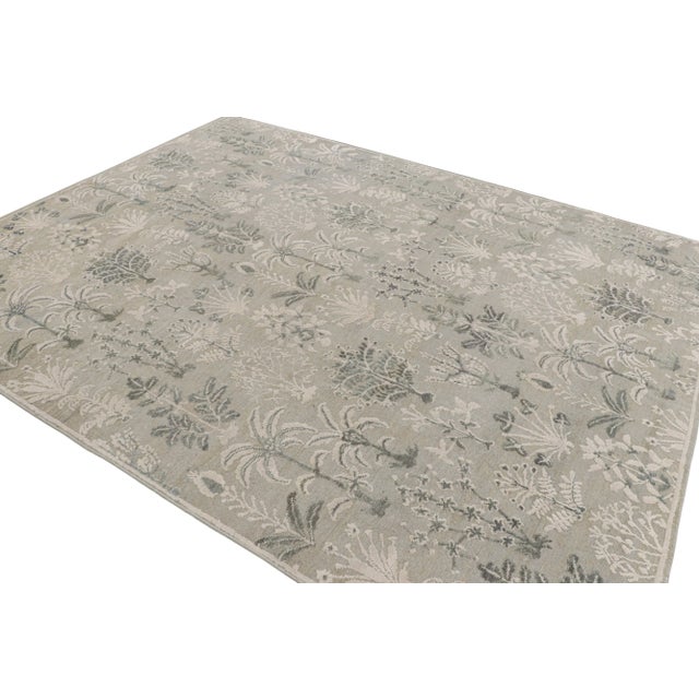 Not Yet Made - Made To Order Rug & Kilim’s Modern Block Print Rug in Silver-Gray & Teal with Floral Patterns - 5x7 For Sale - Image 5 of 7