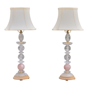 Pair of Art Deco Style Pink Rock Crystal, Brass, Table Lamps, France, 1960s
