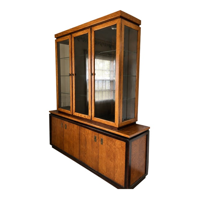 Late 20th Century , Century Furniture Burl Wood Display Cabinet and Buffet With Glass Hutch For Sale