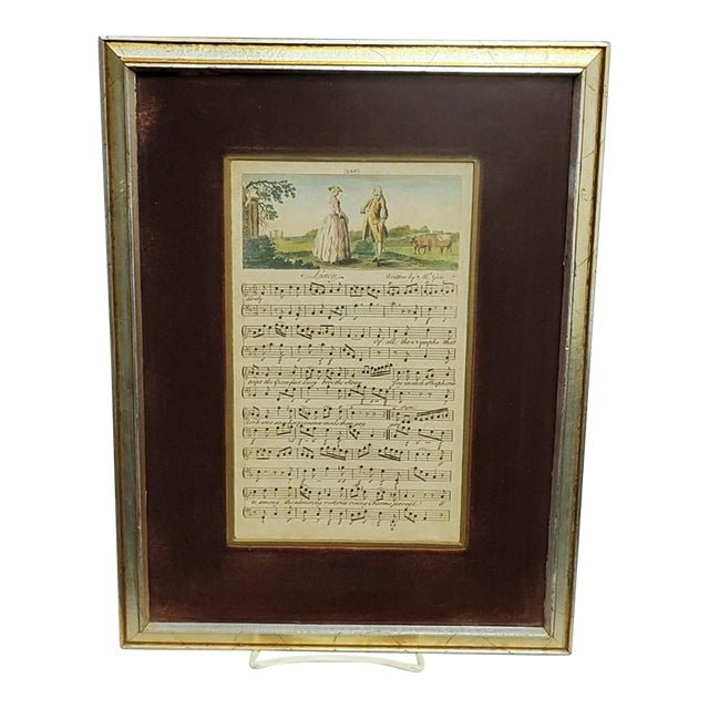 Framed Late 18th-Century Hand-Tinted Engraved Sheet Music "Lucy", Circa 1780 For Sale