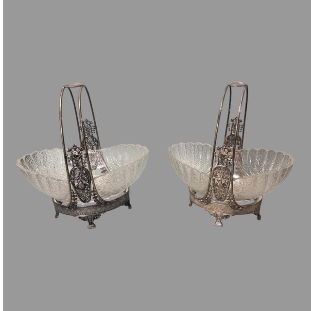 Silver Pair of Antique Victorian Silver Plate & Art Glass Brides Baskets With Birds For Sale - Image 8 of 8