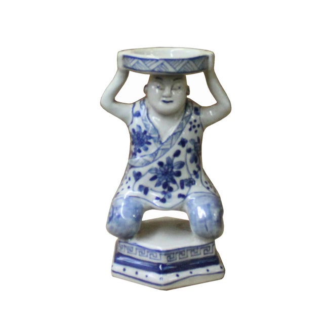 Ceramic Oriental Ceramic Blue White Man Holding Dish Figure For Sale - Image 7 of 7