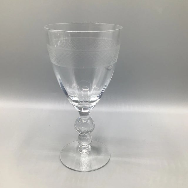 Glass Morgantown "Eton" Water Goblets Cut Ball Stem, With Cross Hatch Band -Set of 5 Crystal Glasses For Sale - Image 7 of 13