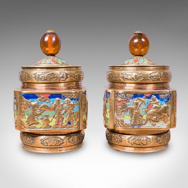 Pair of Small Antique Champleve Tea Caddies, Oriental Spice Pot, Edwardian, 1910 For Sale - Image 4 of 12