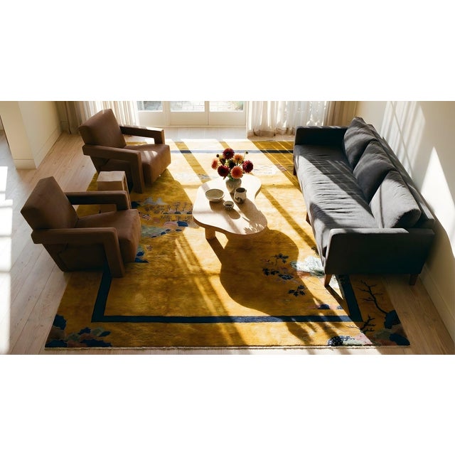 Vibrant Gold Ground With Asymmetric Floral Pattern Antique Chinese Art Deco Rug by Walter Nichols For Sale - Image 9 of 10