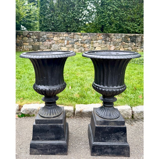 Late 19th Century Pair English Neoclassical Black Cast Iron Campana Garden Urns on Plinths, Circa 1880 For Sale - Image 5 of 12