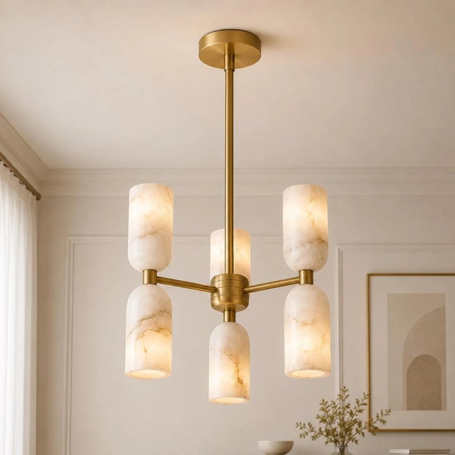 Contemporary Handcrafted Brass 6-Light Chandelier With Natural Alabaster Cylinder Shades, Dining Room Chandelier For Sale - Image 3 of 5
