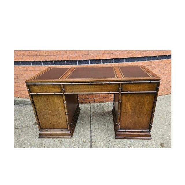 Brown Sligh Walnut Faux Bamboo and Stenciled Leather Top Insert Executive Desk For Sale - Image 8 of 10