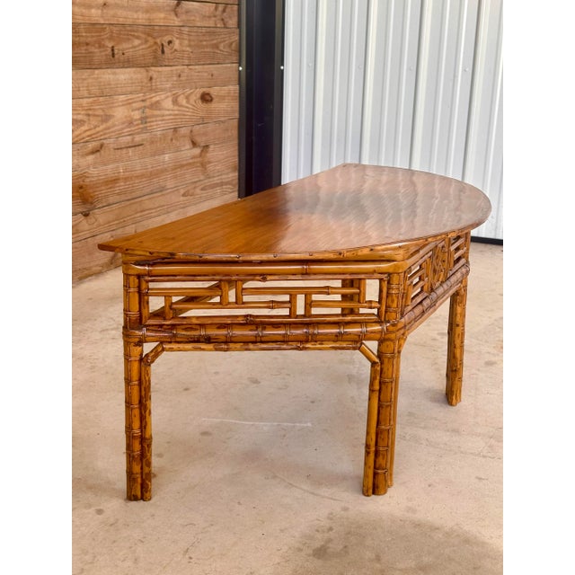 English Vintage Bamboo Chinese Style Demi-Lune Center Table With Open Fretwork Design For Sale - Image 3 of 12