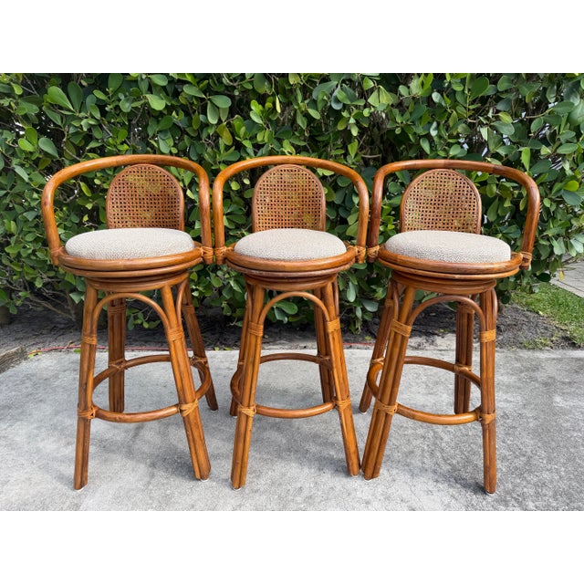 Vintage Organic Modern Swivel Rattan Cane Bar Stools, Set of 3 For Sale - Image 4 of 12