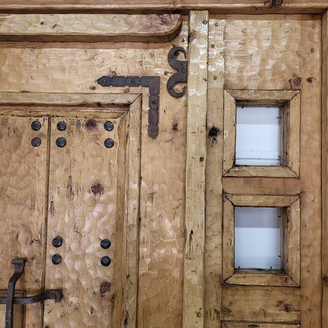 Handcrafted Solid Wood Rustic Door – Custom Spanish Colonial Double Sidelight Design Made to Order For Sale - Image 4 of 18