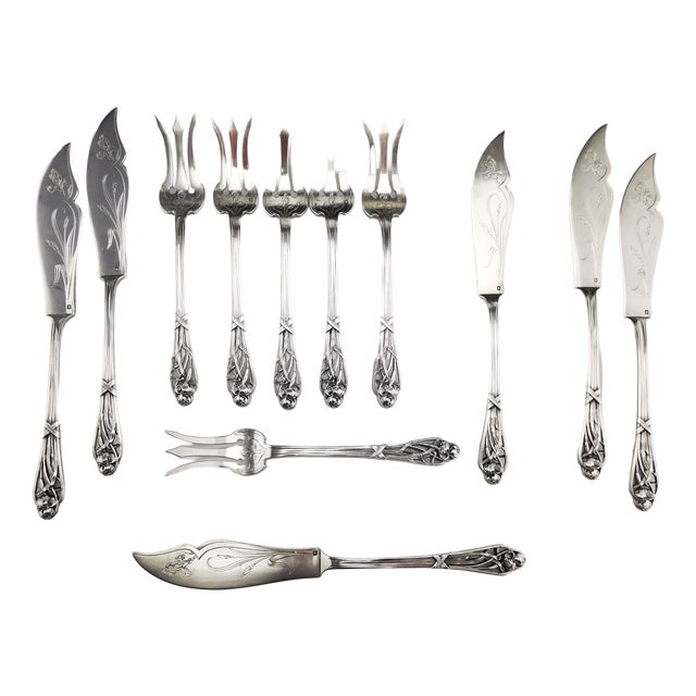 Art Nouveau Iris Pattern Fish Cutlery in Silver from Henin & Cie, 1900s, Set of 12 For Sale