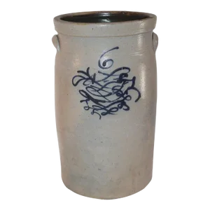 19th Century Butter Churn Crock With Blue Decoration