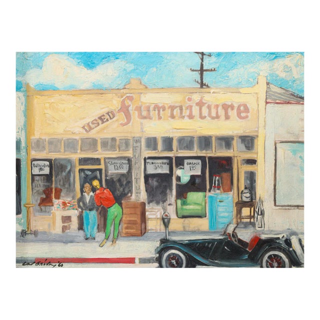 Mid Century 1960 Oil on Board Painting Framed Used Furniture Vintage Car Realism Signed For Sale
