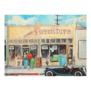 Mid Century 1960 Oil on Board Painting Framed Used Furniture Vintage Car Realism Signed
