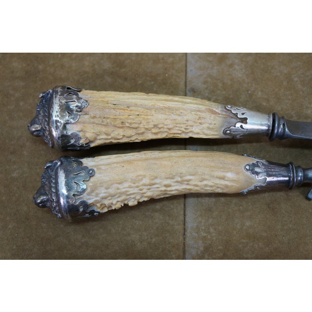 Antique Sterling Silver Antler Stag Horn Cows Head Fork & Knife Meat Carving Set 15" For Sale - Image 4 of 16