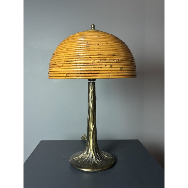 Mid-Century Pencil Reed Rattan Bamboo and Brass Table Lamp, 1970s For Sale - Image 4 of 17