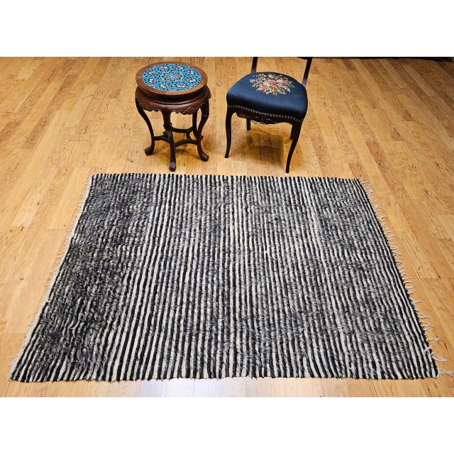 Turkish Vintage Turkish Tulu Rug, Handwoven, Shaggy Wool Pile, Stripe Design, 4' x 6' For Sale - Image 3 of 14