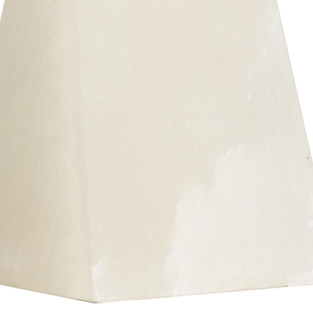 Subtle hand carved twisted tower in solid alabaster 33h x 5.5w x 5.5d Shade Dimensions: top(16) bottom(17) side(12)