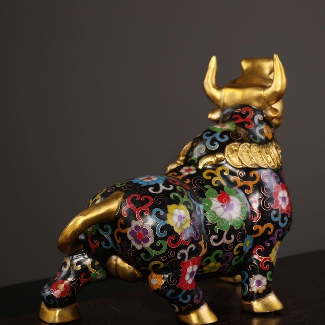 Late 19th Century Cloisonné Enamel Ox Statue, Gilt Bronze Figure, 2.83kg For Sale - Image 4 of 9