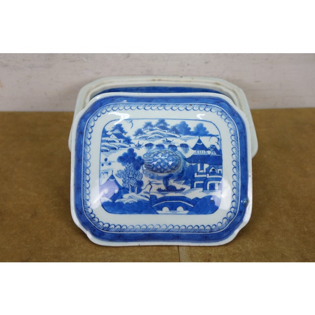 Antique Chinese Export Canton Blue White Serving Platter & Vegetable Tureens For Sale - Image 12 of 18
