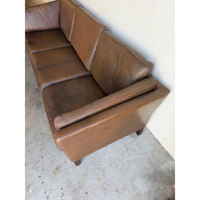 Animal Skin Vintage Danish Brown Leather Sofa in Style of Stouby | Mid-Century Modern 3-Seat Couch For Sale - Image 7 of 10