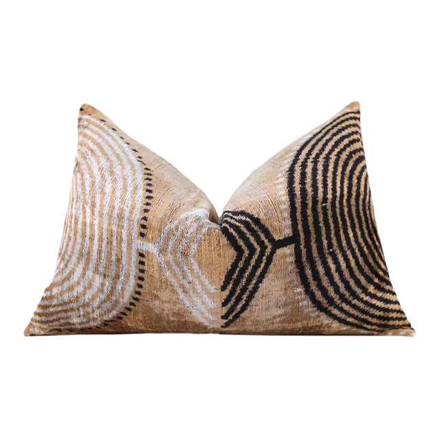 Luxury Earth-Tone Silk Velvet Throw Pillow 16x24 – Handmade Tribal Modern Geometric Lumbar For Sale
