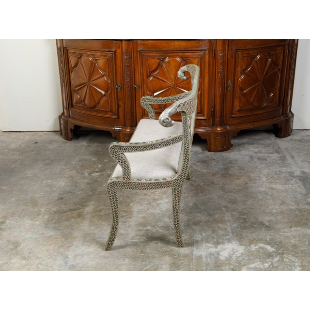 Metal 1930s Moroccan Metal Upholstered Settee With Enamel Décor and Rams' Heads For Sale - Image 7 of 12