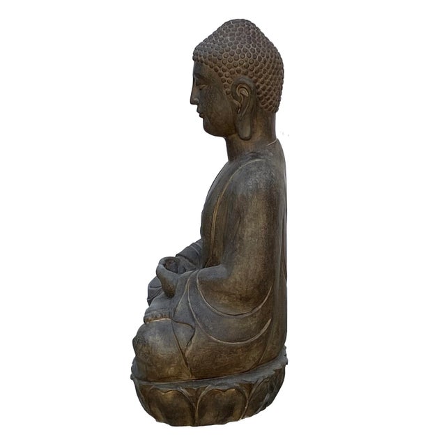 Chinoiserie Chinese Oriental Stone Sitting Buddha Amitabha Shakyamuni Statue For Sale - Image 3 of 8