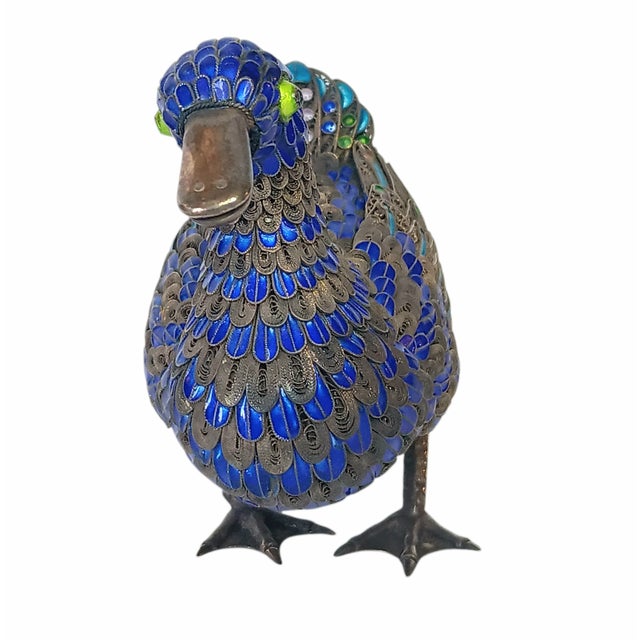 Vintage Filigree Enamel Duck Bird Figurine Sterling Silver Beak and Feet Blue & Gold With Green Eyes For Sale - Image 4 of 16