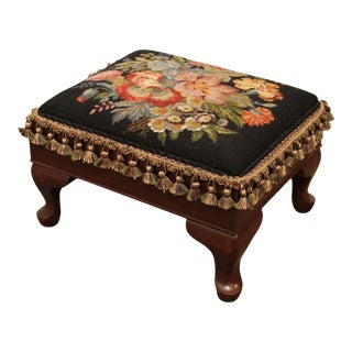 Vintage Mahogany Queen Anne Needlepoint Footstool For Sale