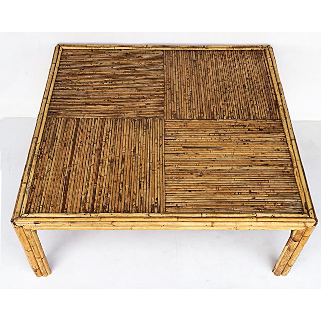 Vintage Bamboo Coffee Table, manner of Gabriella Crespi Offered for sale is a square vintage coffee table created in...