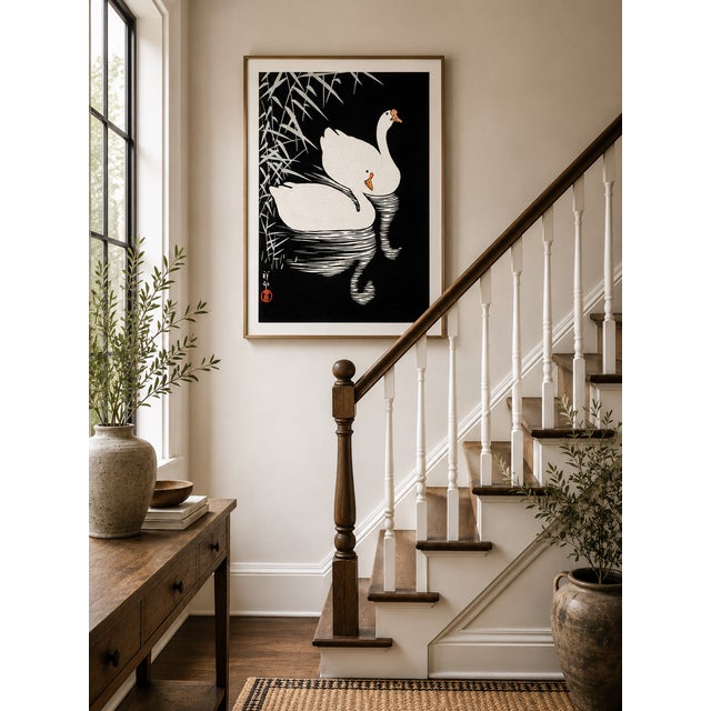 White Chinese Geese Swimming, Vintage Japanese Woodblock Print Reproduction, 40" X 60" For Sale - Image 9 of 11
