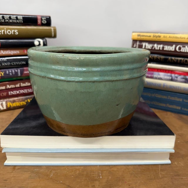 Rustic Small Green Rounded Ceramic Garden Planter For Sale - Image 3 of 8