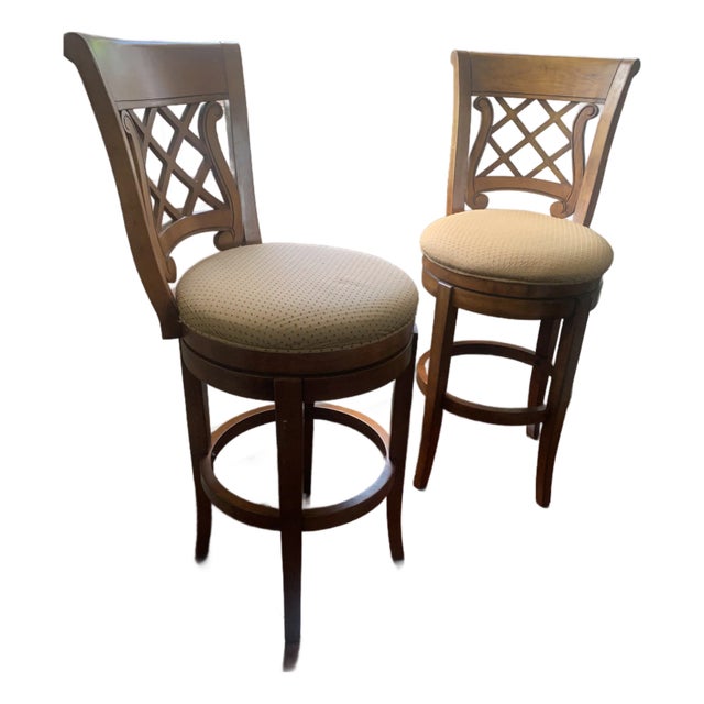 Celtic-Style Cherry Wood Swivel Bar Stools- Set of 2 For Sale