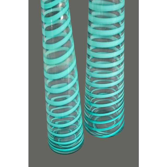 Mid-Century Modern Mid 20th Century Modern Retro Pair Bud Vases Art Glass Turquoise Blue Spiral 12'' & 10'' High For Sale - Image 3 of 7