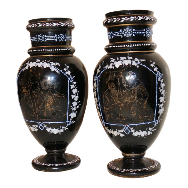 Pair of 2 Antique Handmade Bohemian Enameled Black Amethyst Glass Etched Vases For Sale