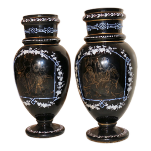 Pair of 2 Antique Handmade Bohemian Enameled Black Amethyst Glass Etched Vases
