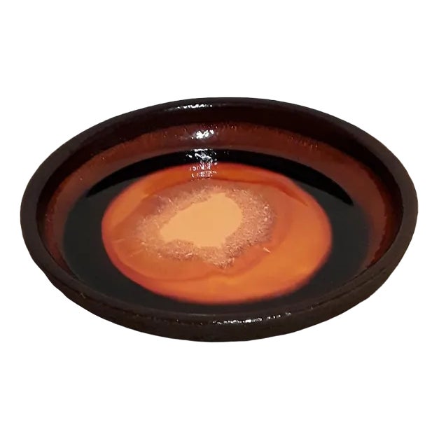 Vintage Finnish Brown Ceramic with Orange Glaze Wall Plate from Stromit, 1970s For Sale