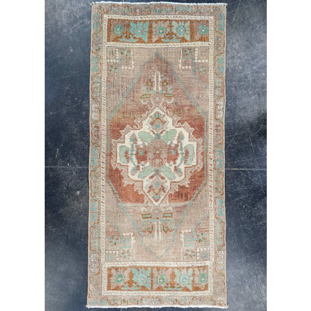Terra Cotta Turkish Mini Rug Oriental Hand Knotted Vintage Rug 1'9" x 4' #16875 For Sale - Image 8 of 8