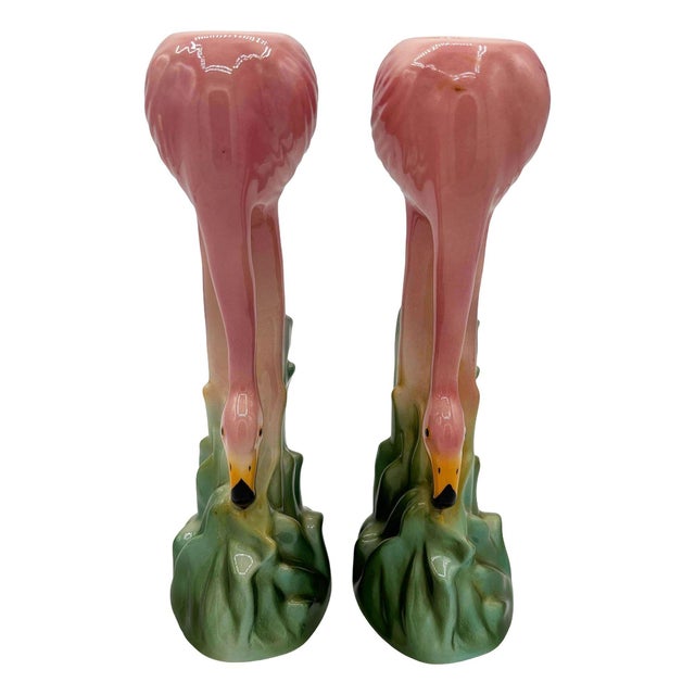 1987 Ceramic Flamingo Tropical Candle Holder Pair by Ronnie's Ceramic Company For Sale - Image 4 of 6