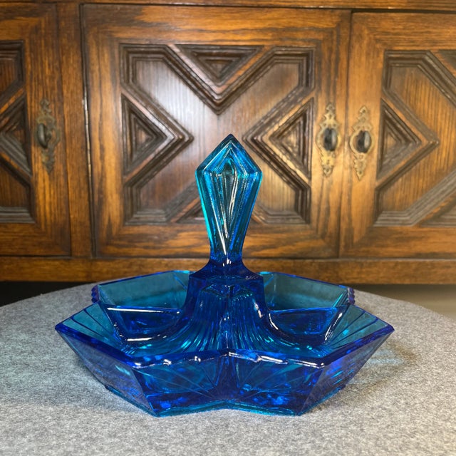 Art Deco Mid 20th Century Art Deco Blue Indiana Tiara Glass Divided Dish Pyramid Handle For Sale - Image 3 of 10