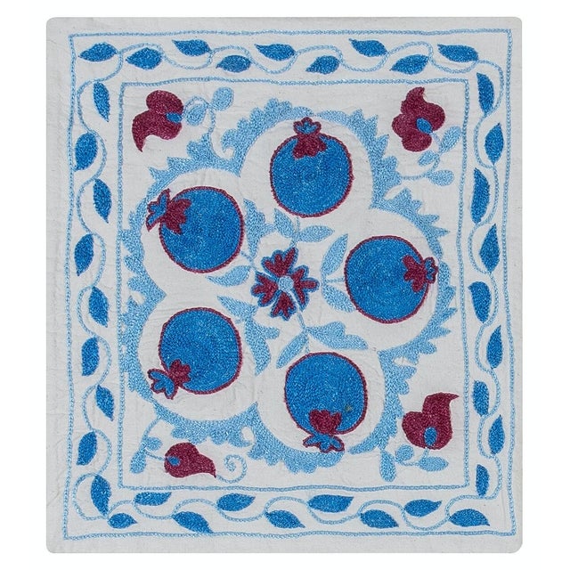 Cream, Blue & Dark Red Silk Embroidery Suzani Textile Lace Pillow Cover. 15"x18" For Sale