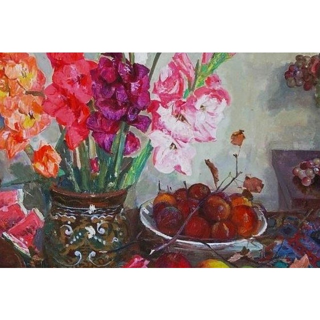 Vintage Still Life Oil Painting: Flowers and Fruit For Sale - Image 6 of 6
